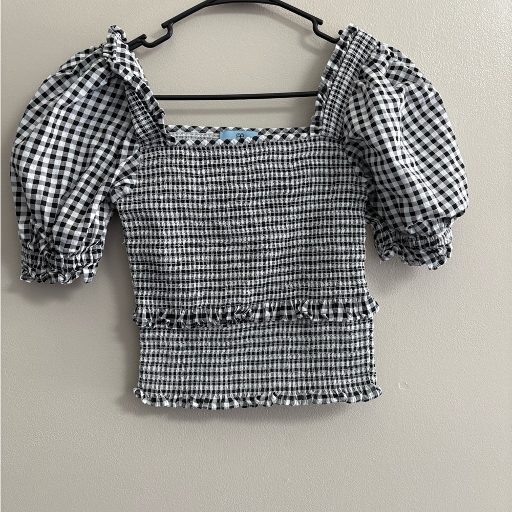 CeCe Black and White Checkered Puff Sleeve Blouse